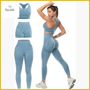 3 Piece Workout Set Medium High Impact Sports Bra Leggings Shorts